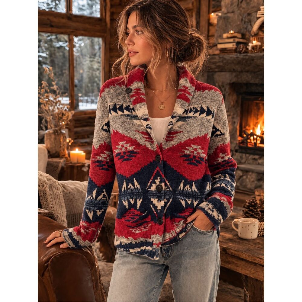 Polo Ralph Lauren Southwestern Navajo Style Shawl Collar Cotton Cardigan Red XS